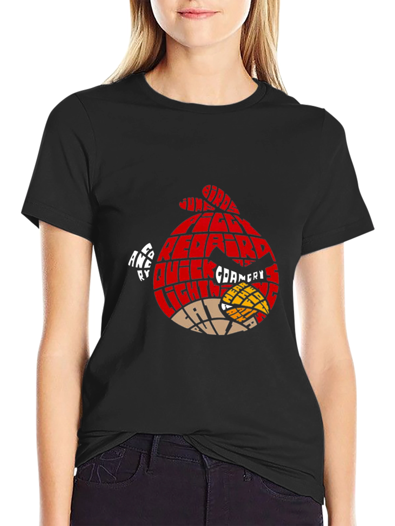 Angry Birds Red Bird Word Art T-Shirt - Black