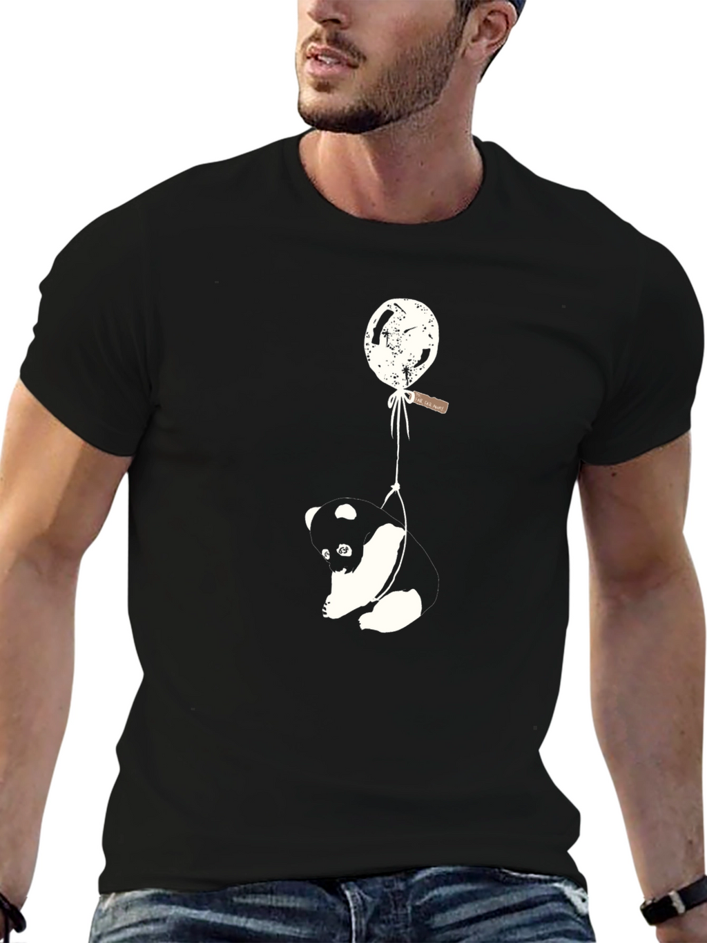 Panda Balloon Graphic Tee - Relaxed Fit Black T-Shirt