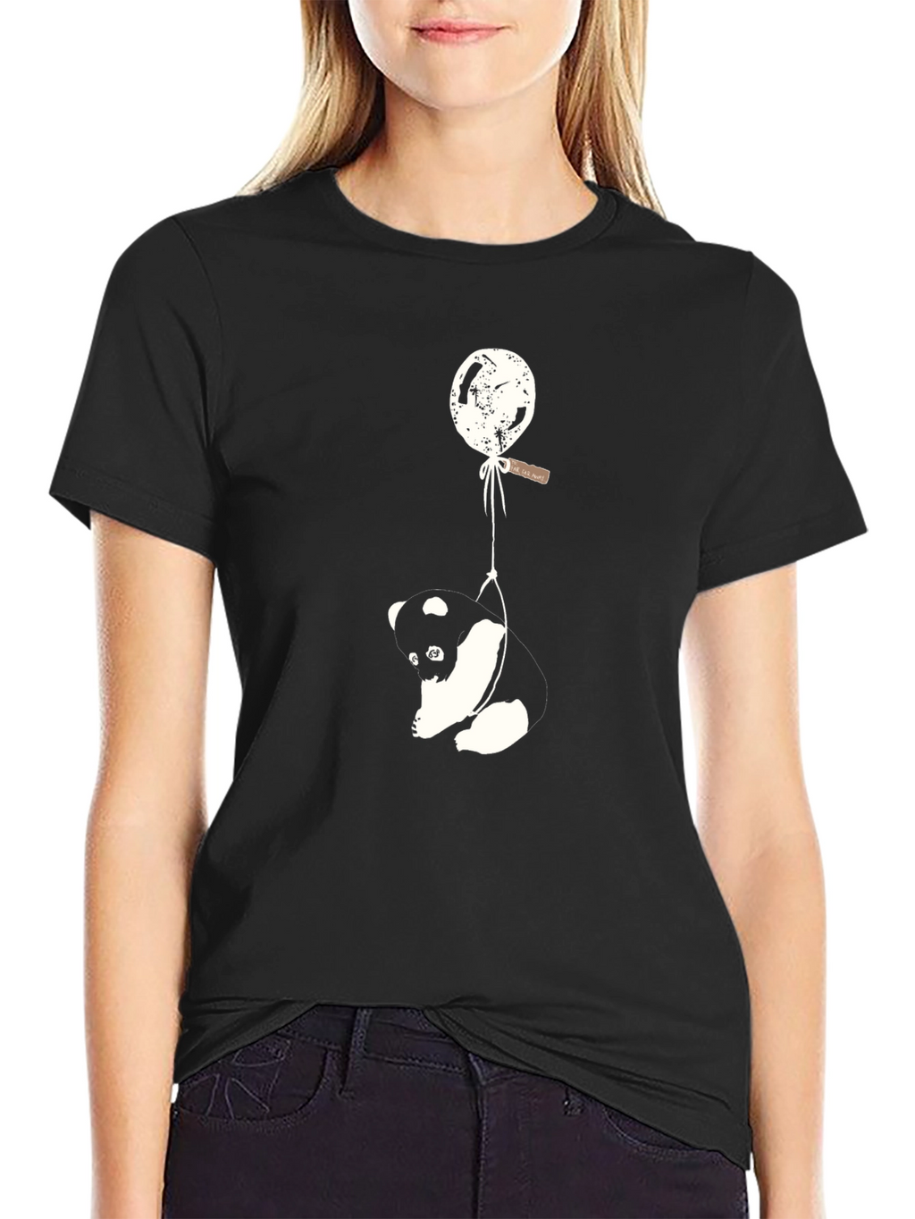 Panda Balloon Graphic Tee - Relaxed Fit Black T-Shirt