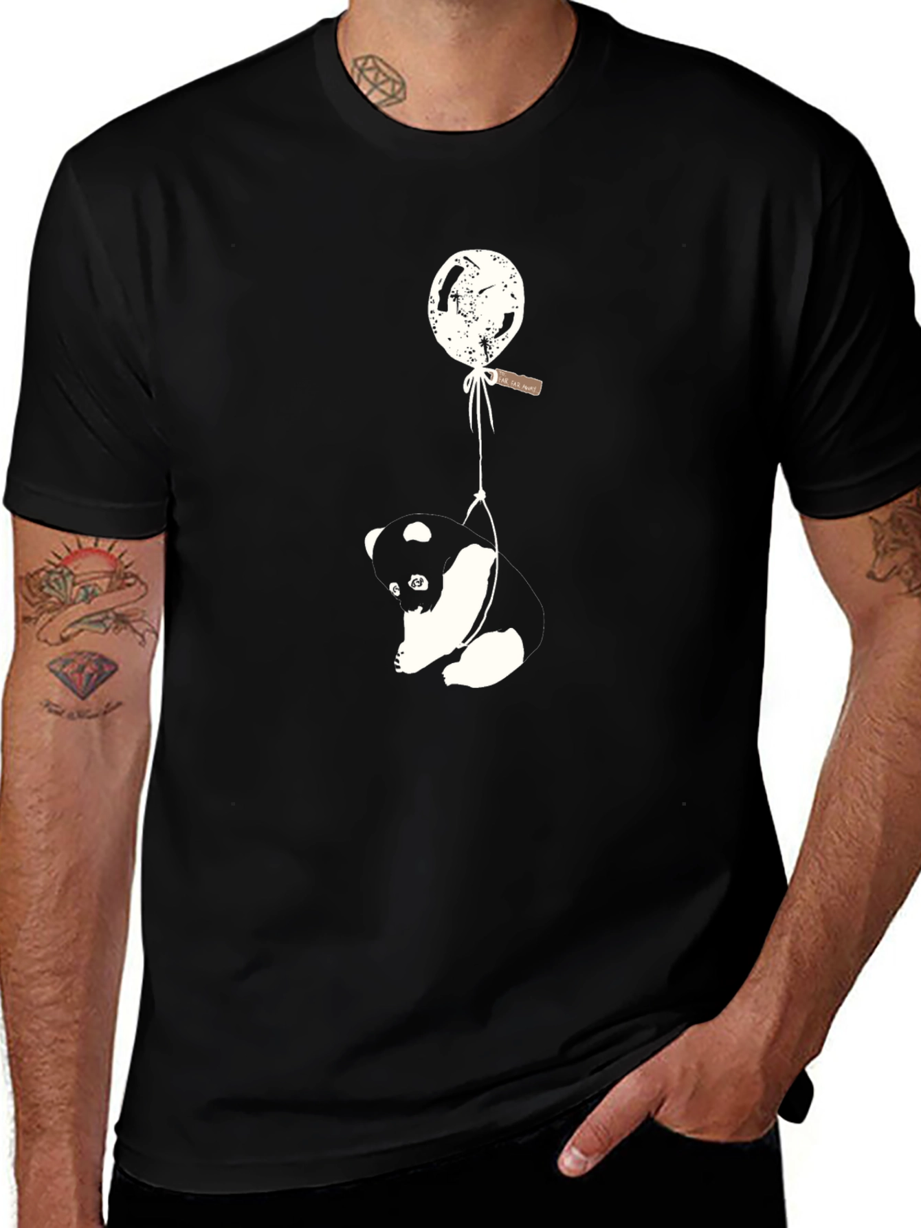 Panda Balloon Graphic Tee - Relaxed Fit Black T-Shirt
