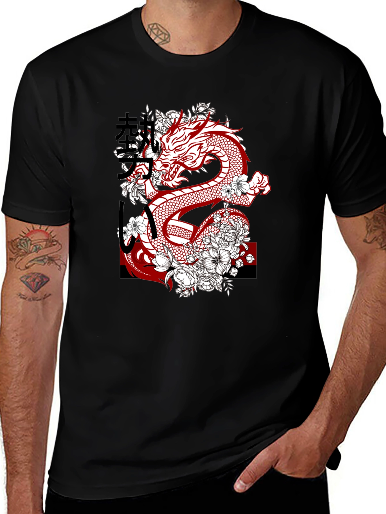 Dragon & Floral Graphic Print Mens Tee