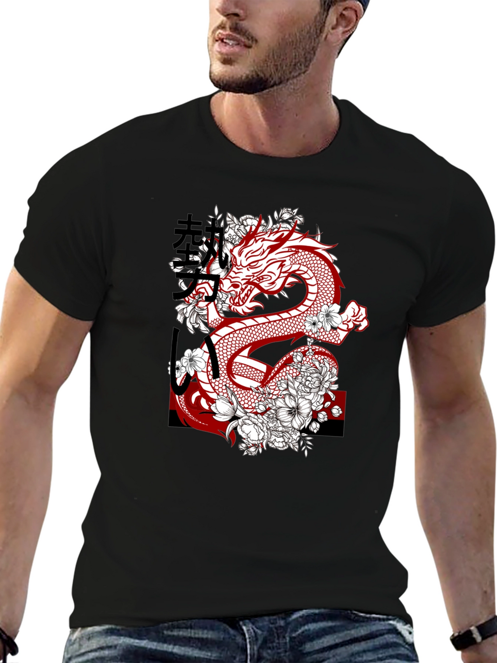 Dragon & Floral Graphic Print Mens Tee