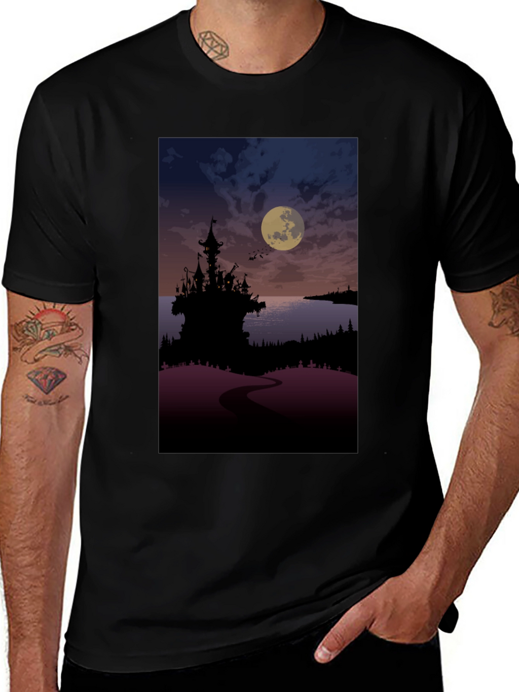 Moonlit Castle Graphic Tee - Gothic Style T-Shirt
