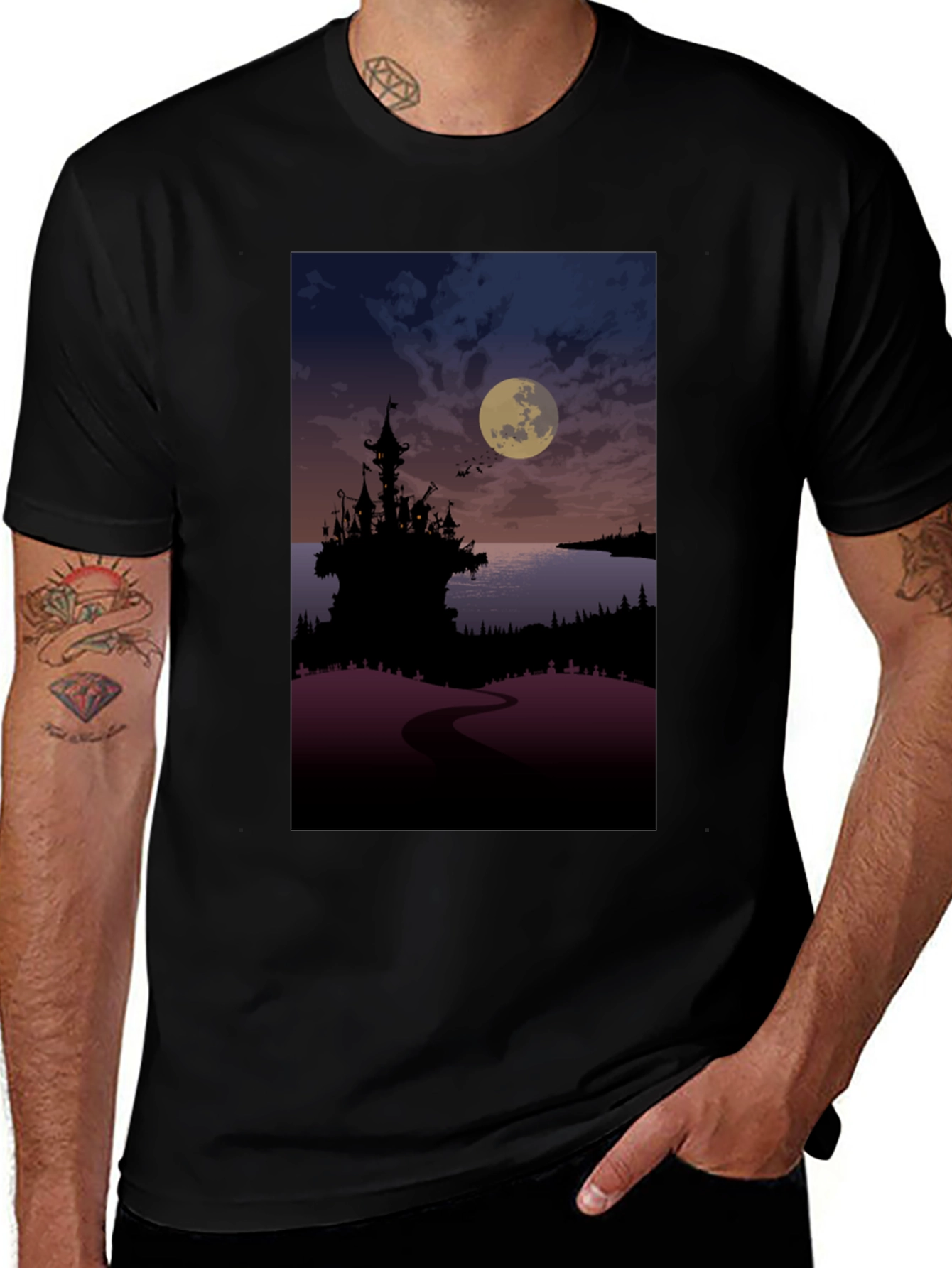 Moonlit Castle Graphic Tee - Gothic Style T-Shirt
