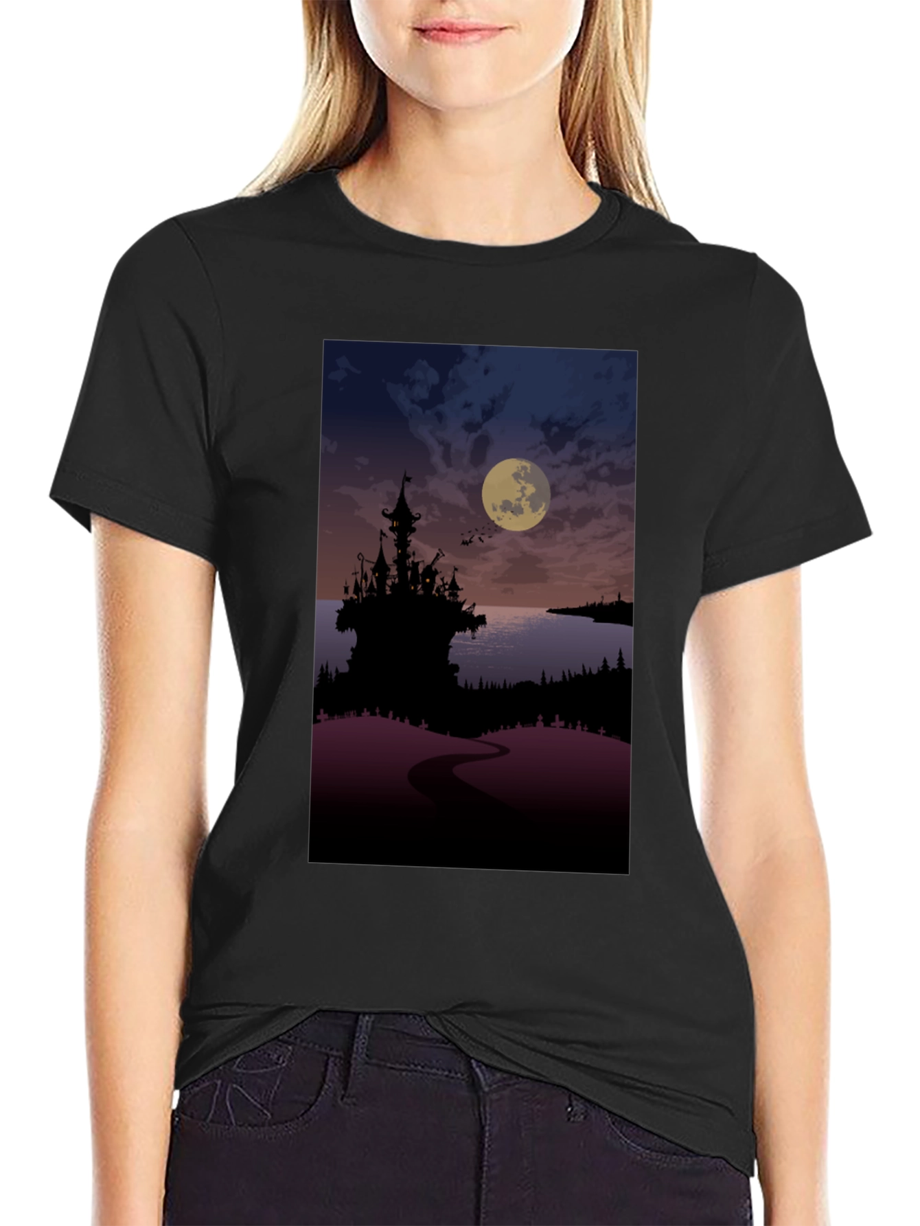 Moonlit Castle Graphic Tee - Gothic Style T-Shirt
