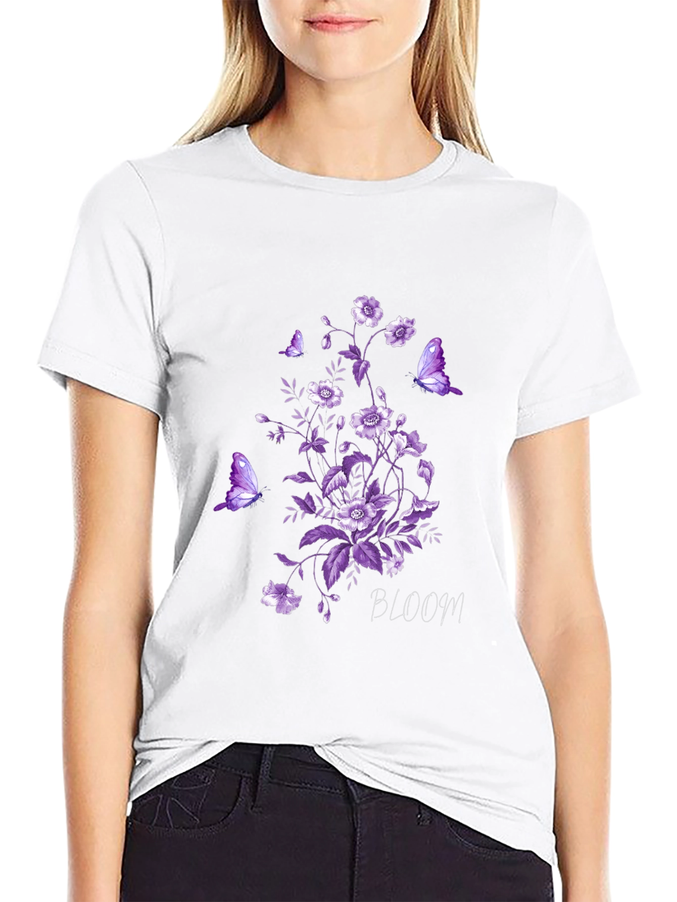 Floral Bloom Butterfly Graphic Tee - Black