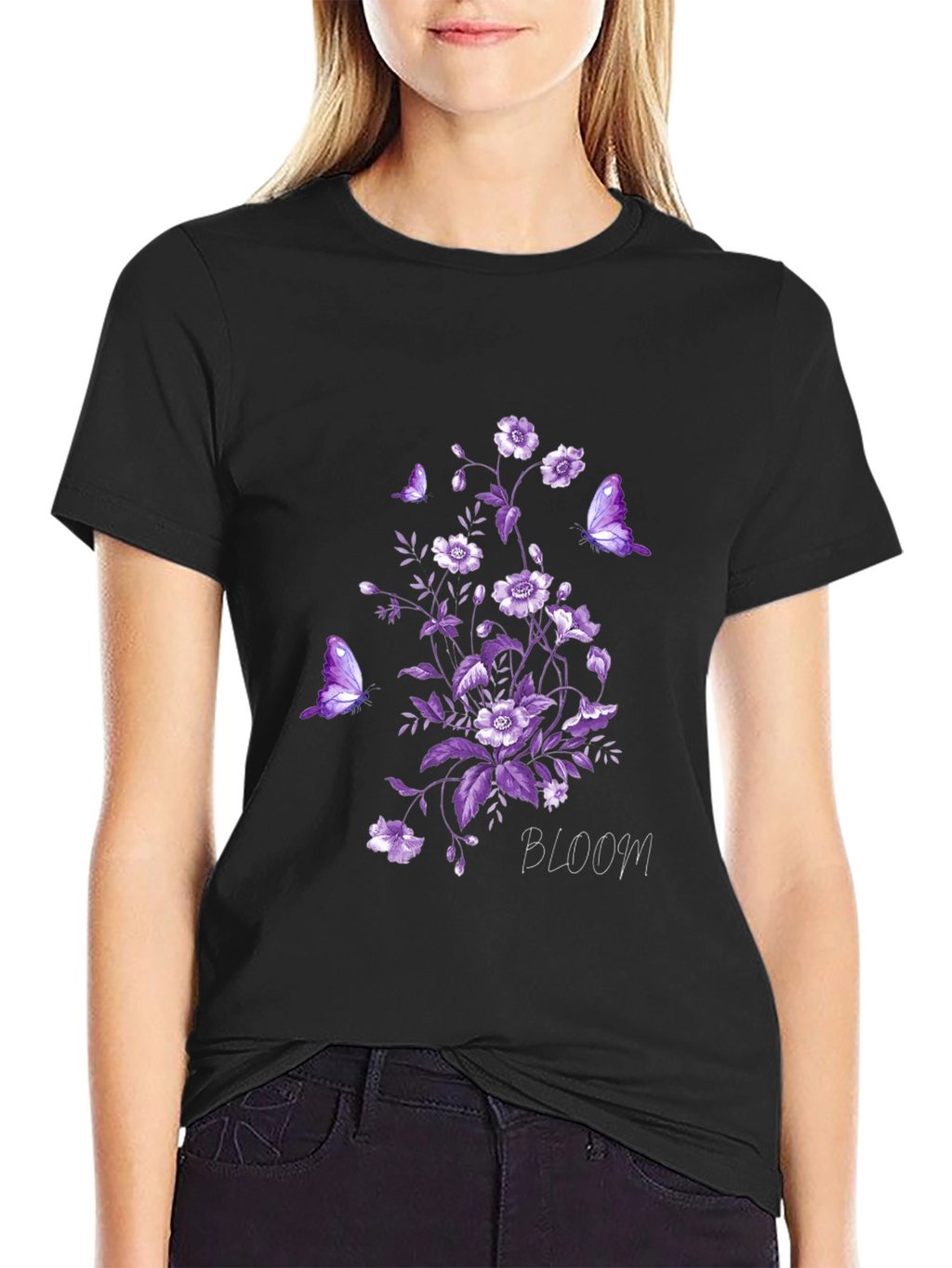 Floral Bloom Butterfly Graphic Tee - Black