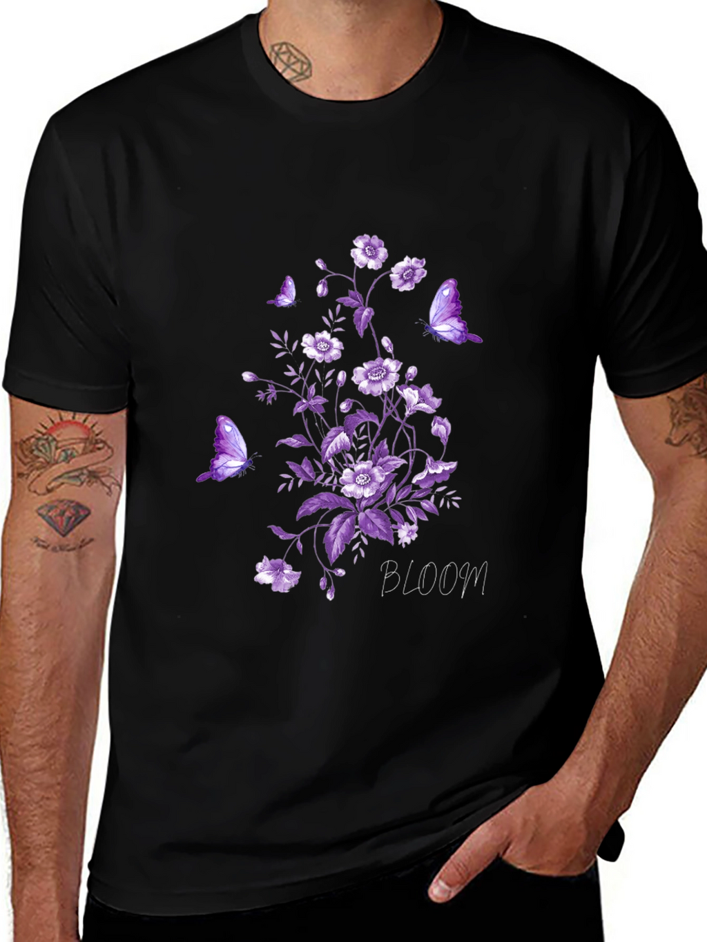 Floral Bloom Butterfly Graphic Tee - Black