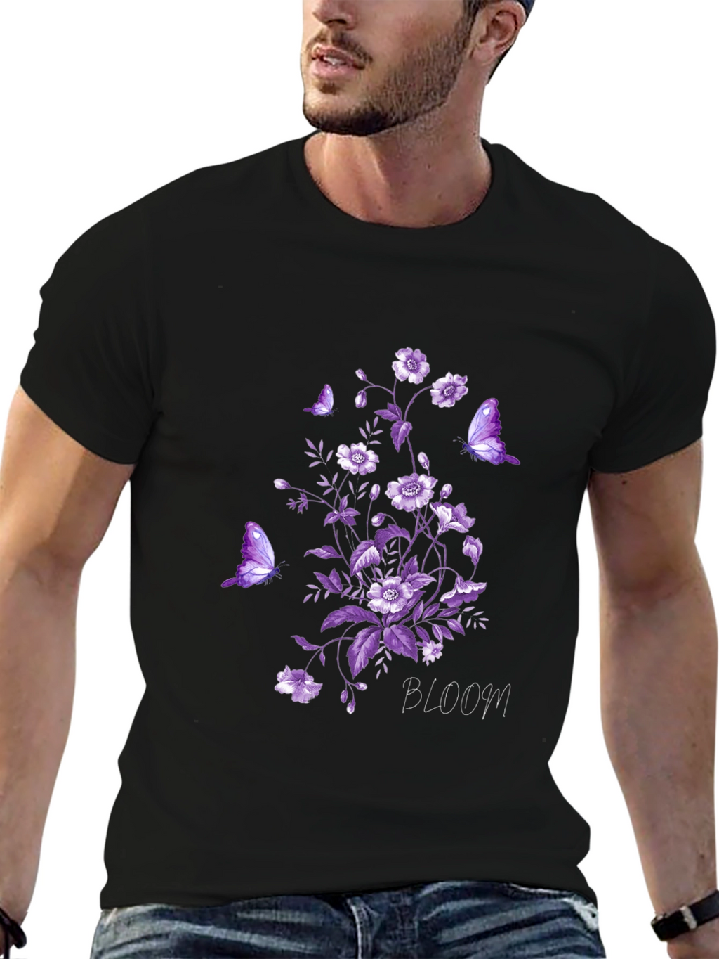 Floral Bloom Butterfly Graphic Tee - Black