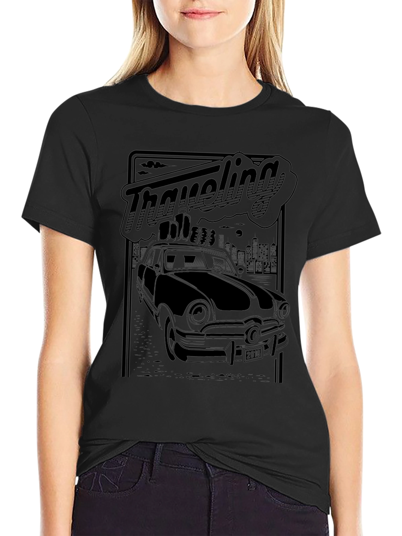Retro Traveling Car Graphic Tee - Black