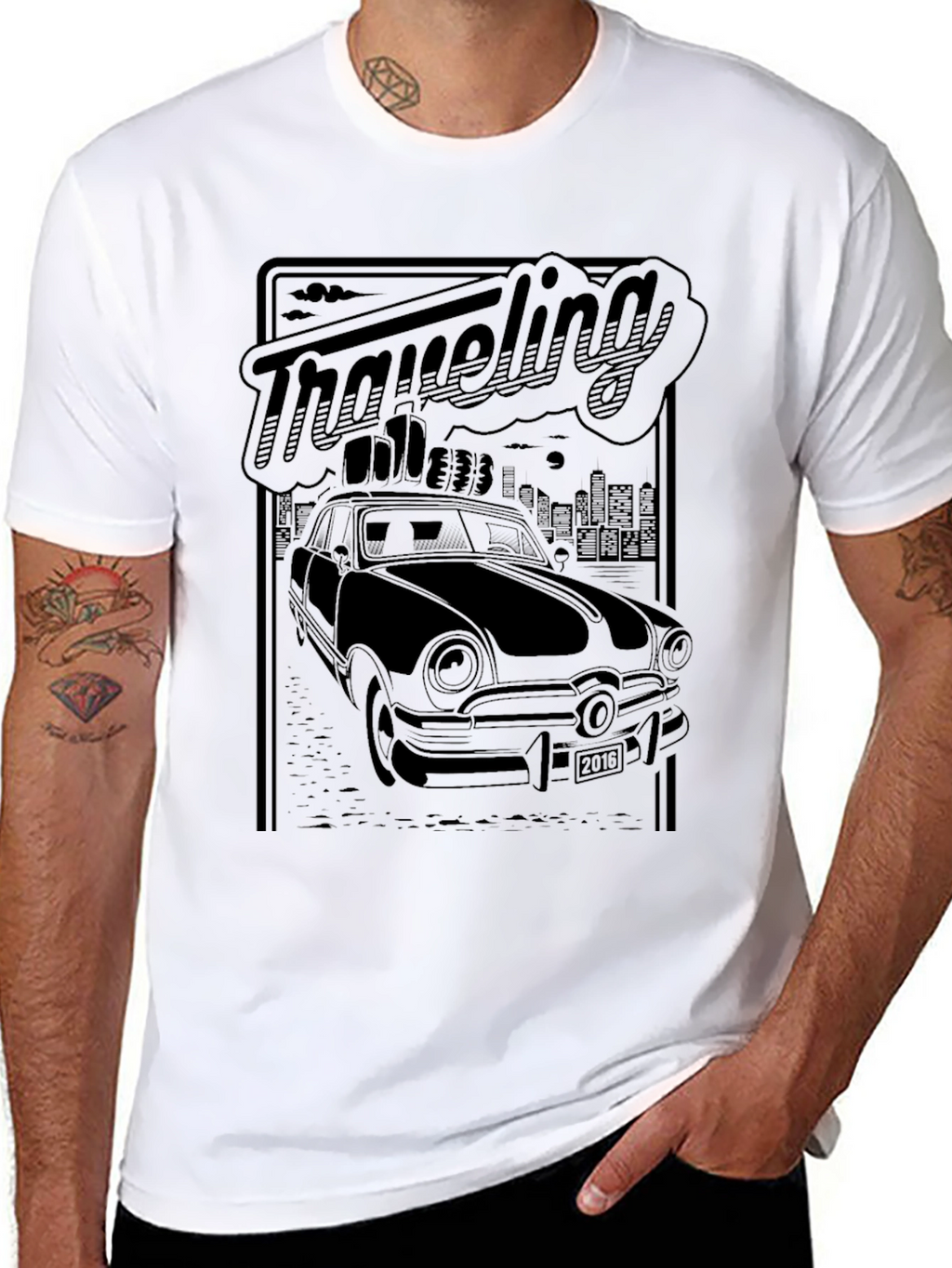 Retro Traveling Car Graphic Tee - Black