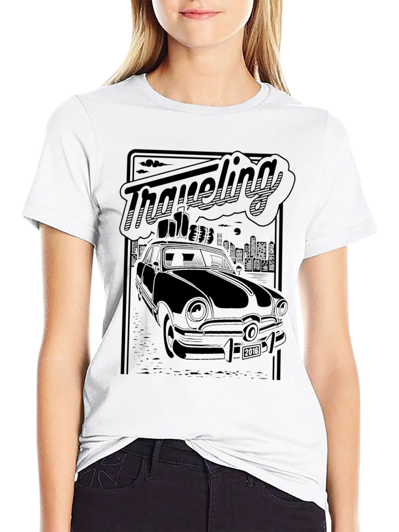Retro Traveling Car Graphic Tee - Black
