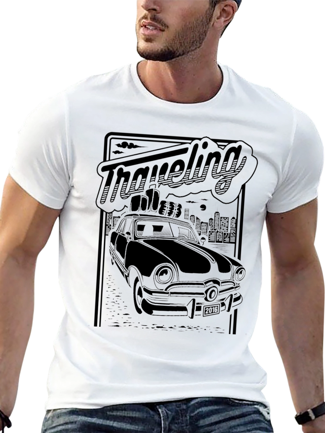 Retro Traveling Car Graphic Tee - Black