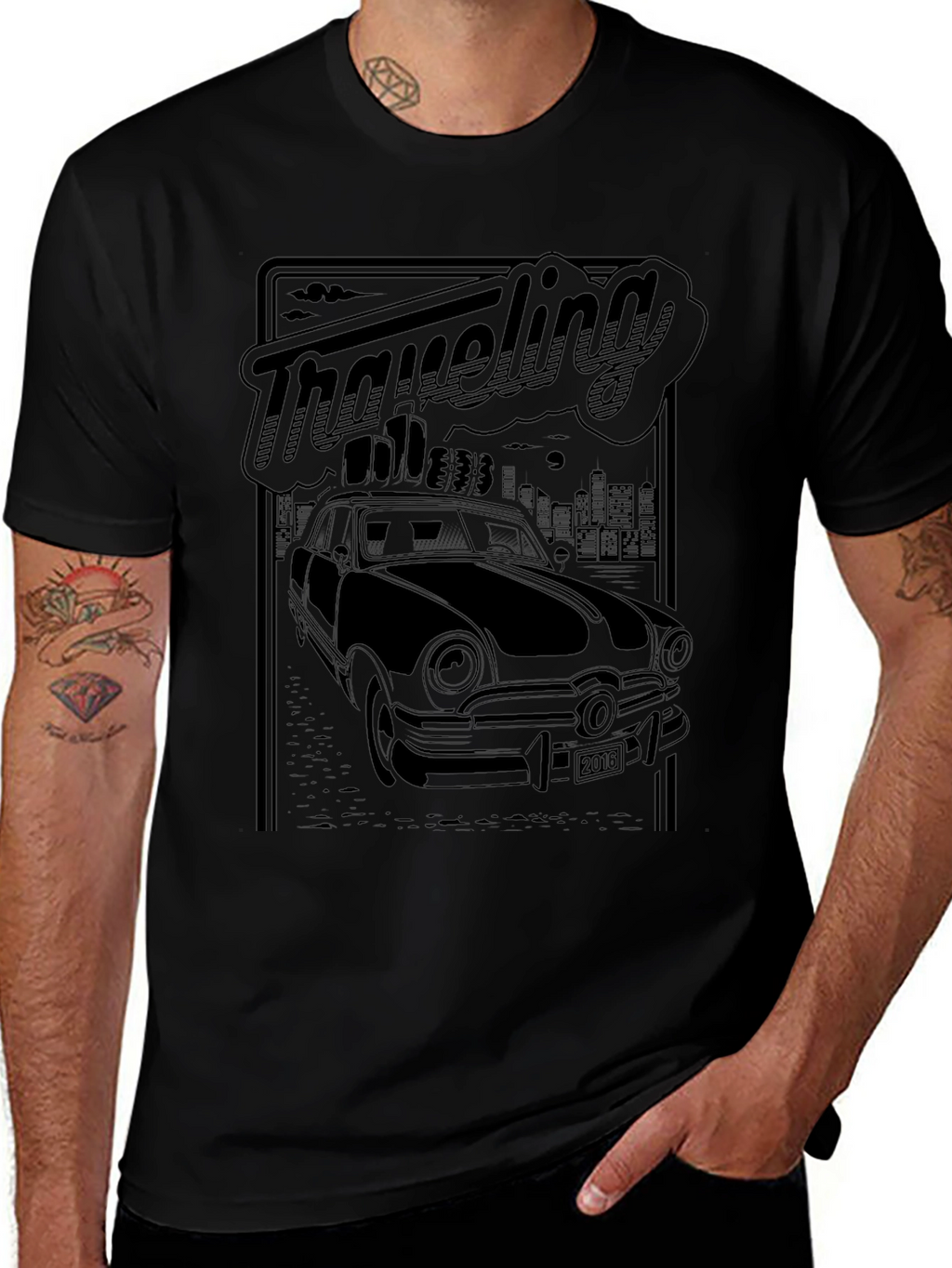 Retro Traveling Car Graphic Tee - Black