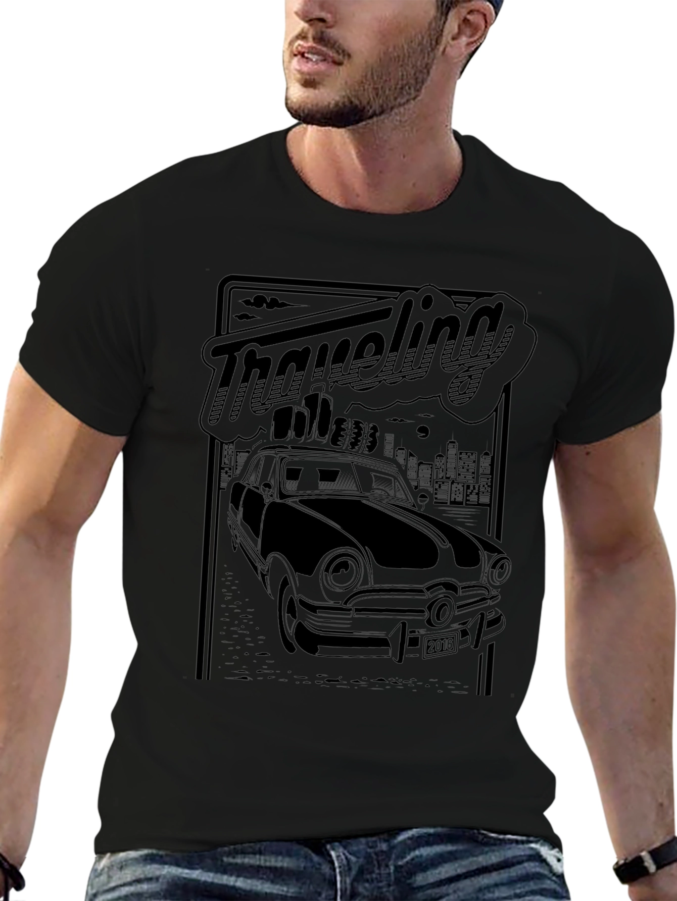 Retro Traveling Car Graphic Tee - Black