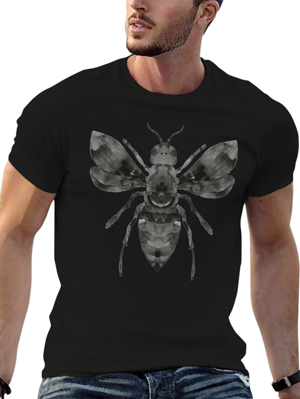Graphic Bee Print Mens Black T-Shirt