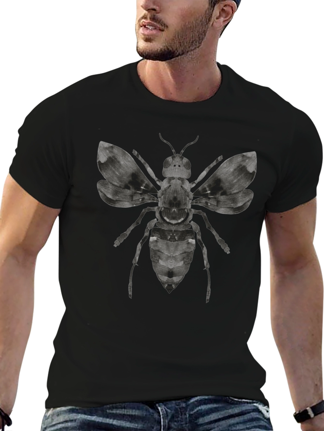 Graphic Bee Print Mens Black T-Shirt