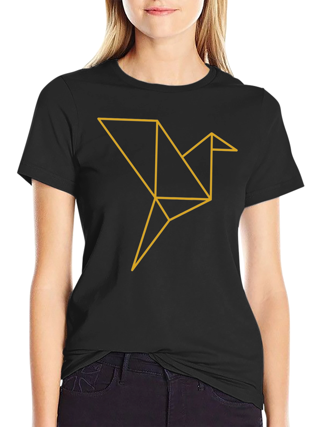 Geometric Origami Bird Graphic Tee - Soft Black Cotton