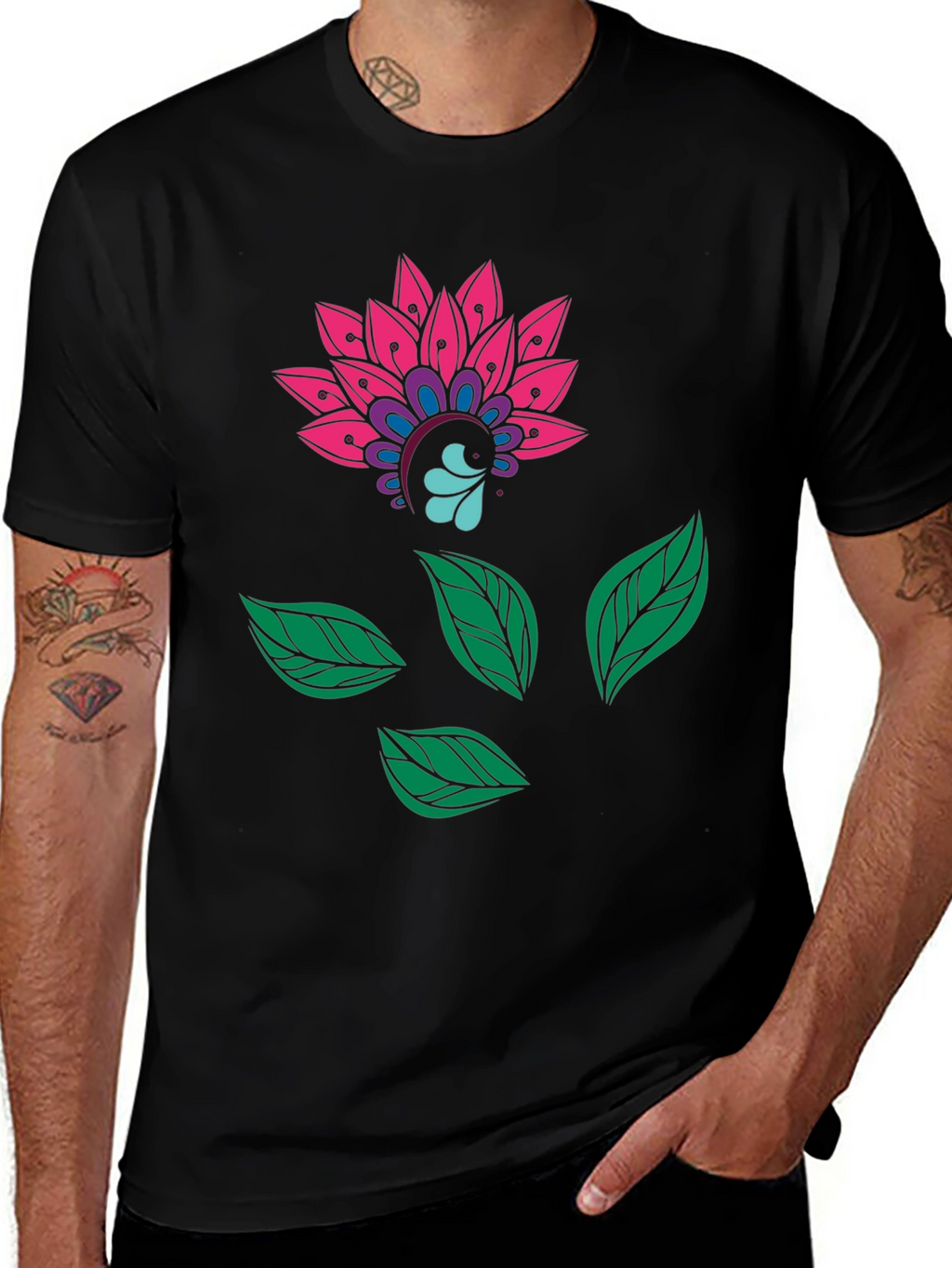 Floral Mandala Print Black Tee