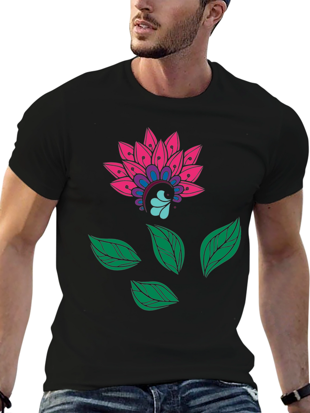 Floral Mandala Print Black Tee