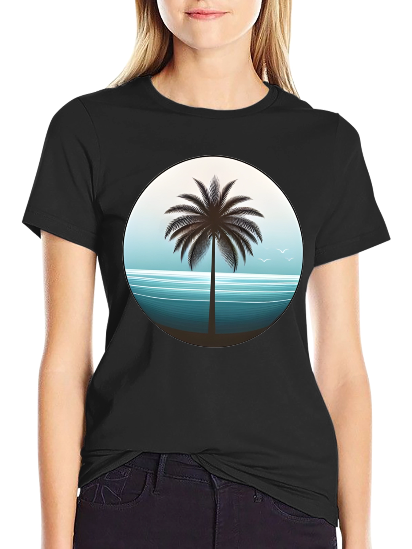 Tropical Palm Tree Graphic Tee - Black Cotton T-Shirt