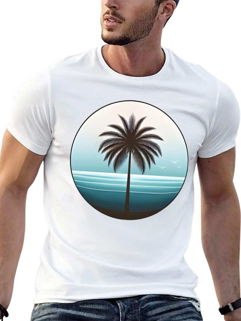 Tropical Palm Tree Graphic Tee - Black Cotton T-Shirt