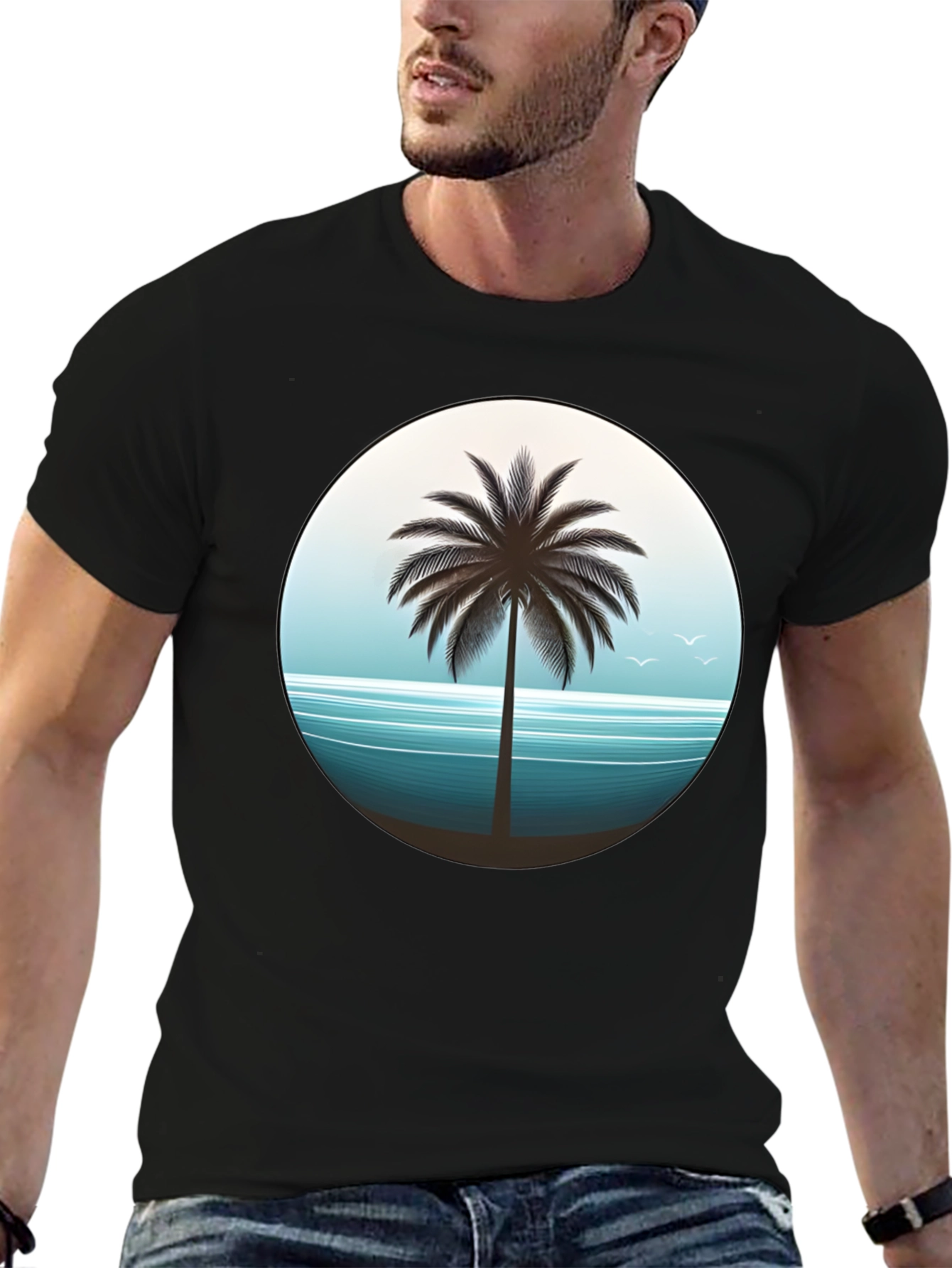 Tropical Palm Tree Graphic Tee - Black Cotton T-Shirt