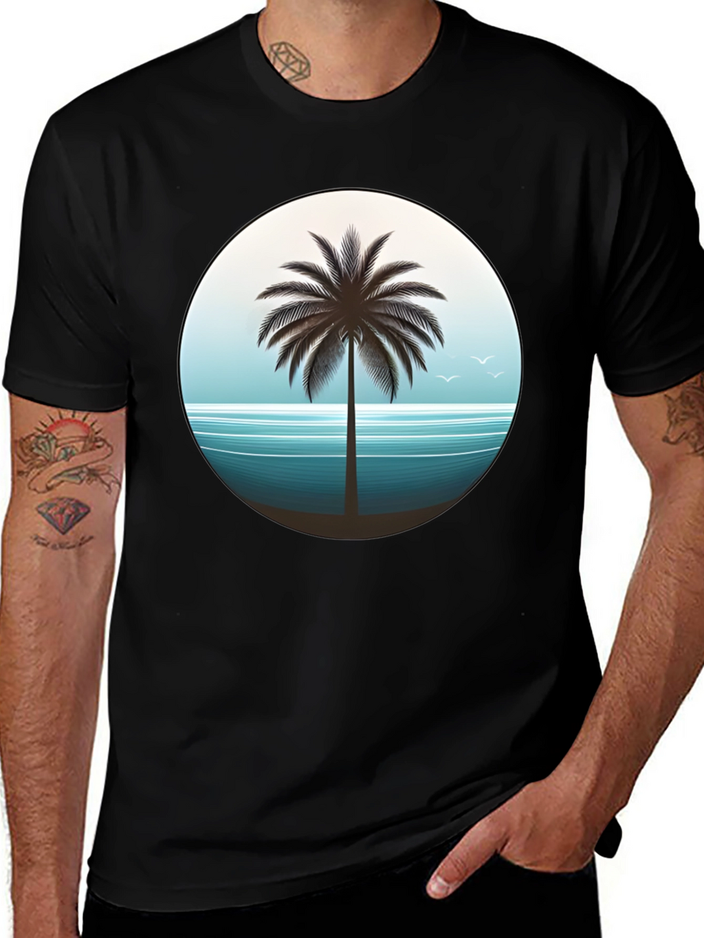 Tropical Palm Tree Graphic Tee - Black Cotton T-Shirt