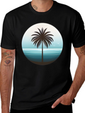 Tropical Palm Tree Graphic Tee - Black Cotton T-Shirt