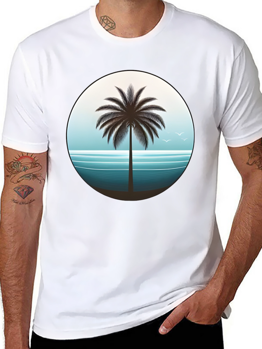 Tropical Palm Tree Graphic Tee - Black Cotton T-Shirt