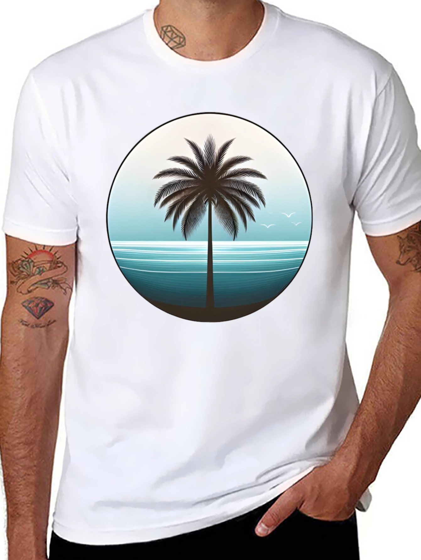 Tropical Palm Tree Graphic Tee - Black Cotton T-Shirt