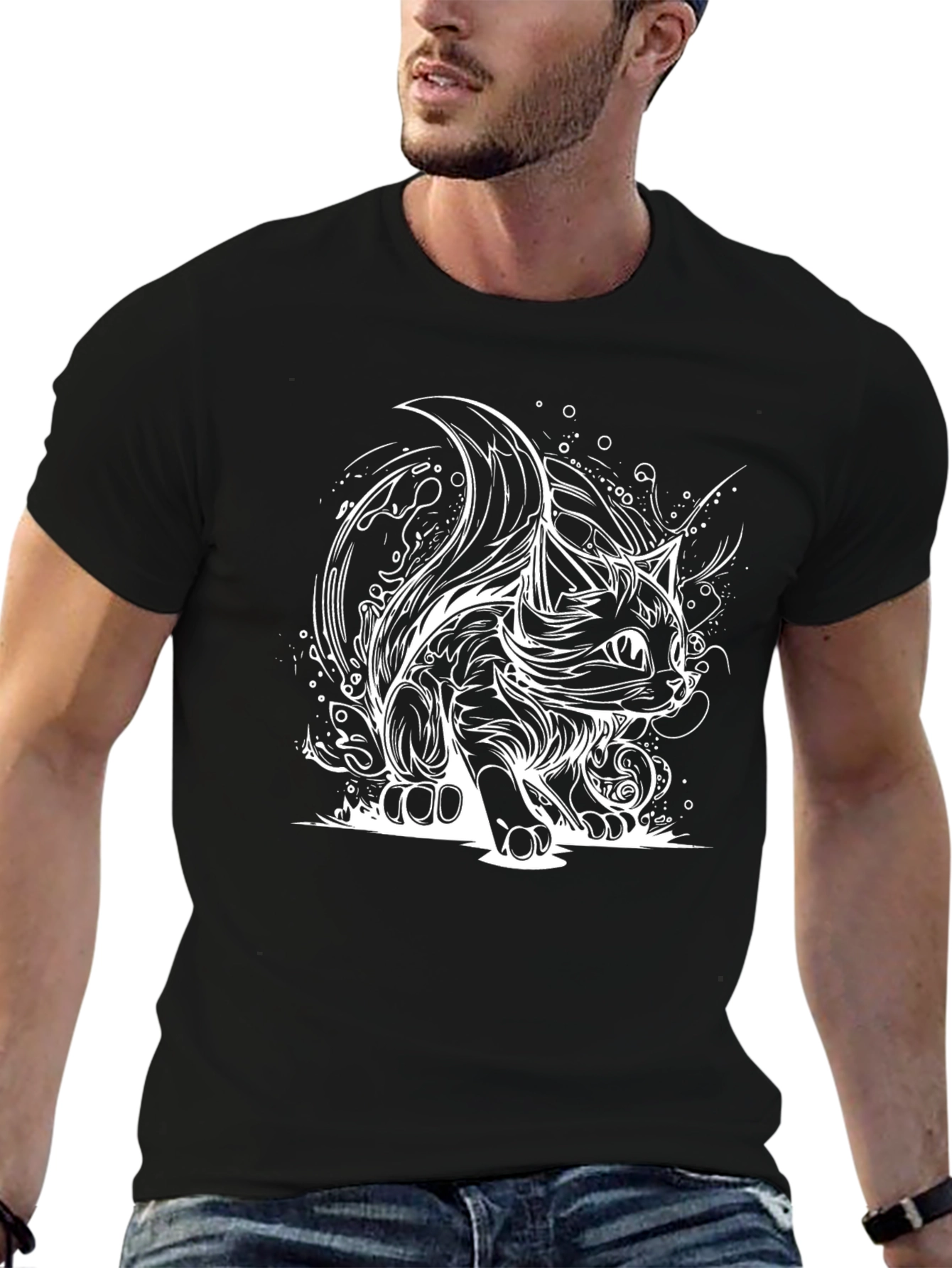 Stylish Black T-Shirt with Cat Design