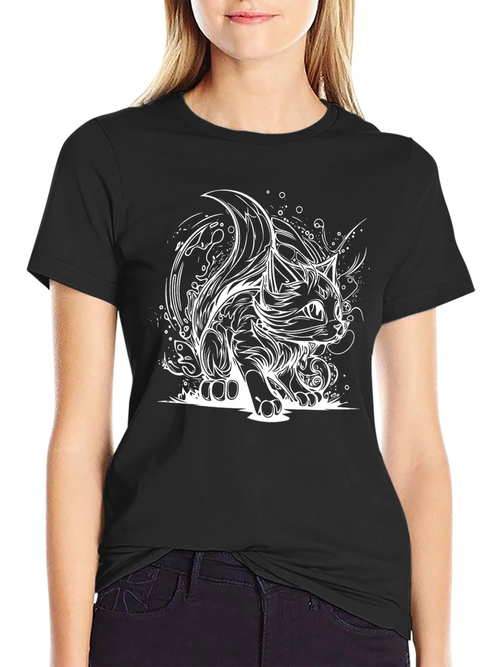 Stylish Black T-Shirt with Cat Design