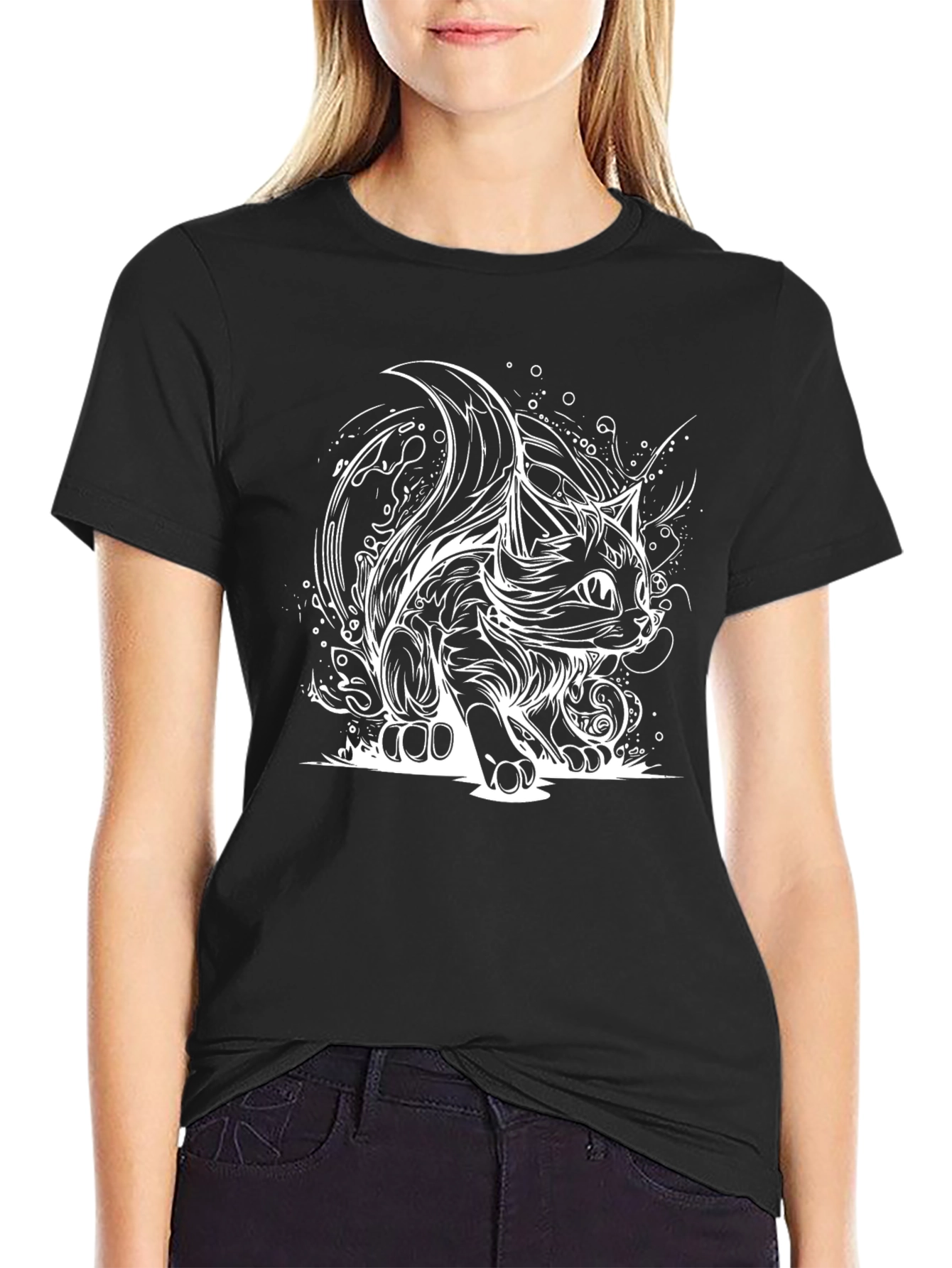 Stylish Black T-Shirt with Cat Design