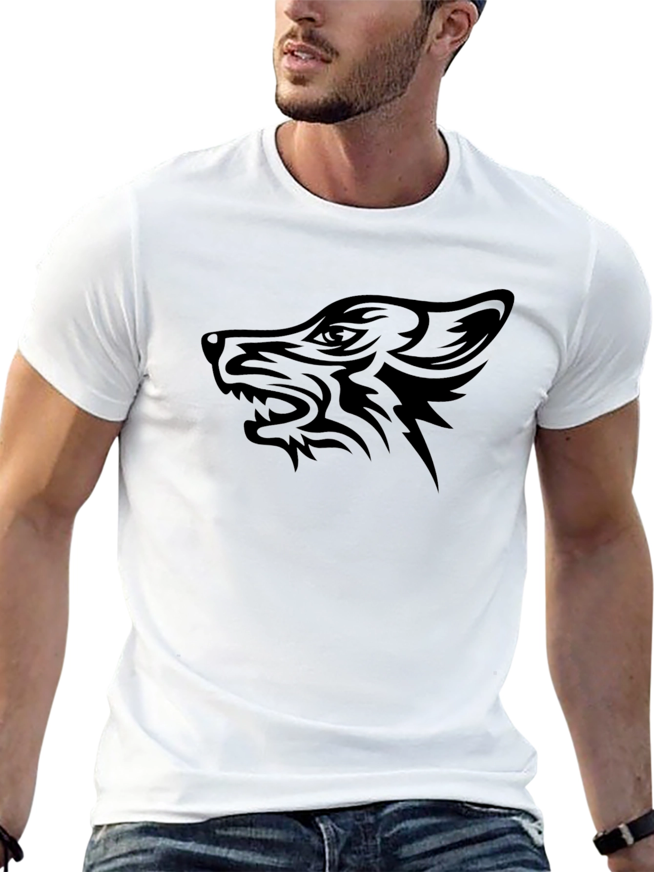 Black Wolf Graphic Tee - Tribal Design