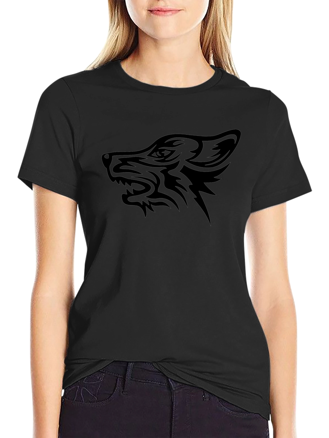 Black Wolf Graphic Tee - Tribal Design