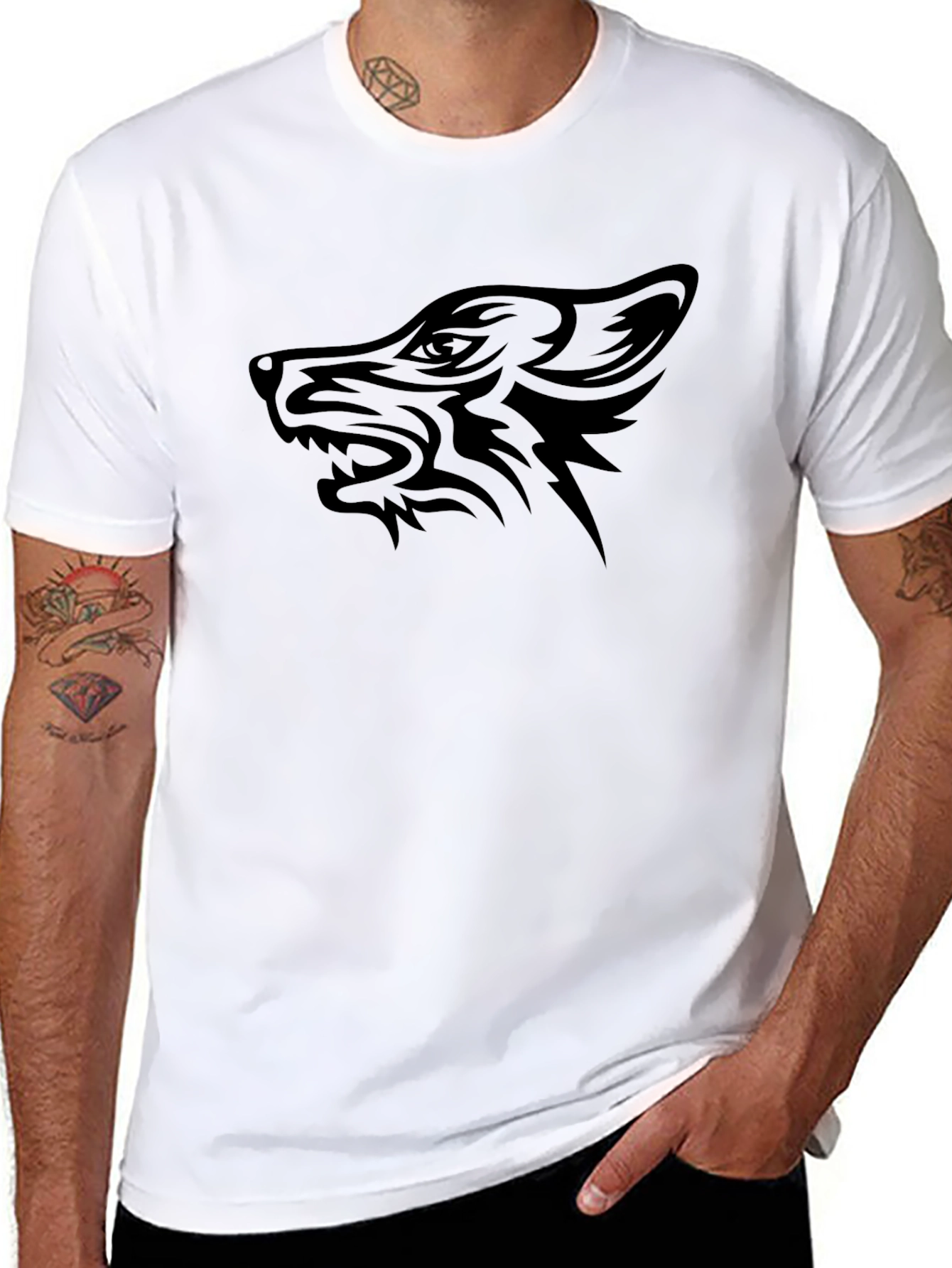 Black Wolf Graphic Tee - Tribal Design