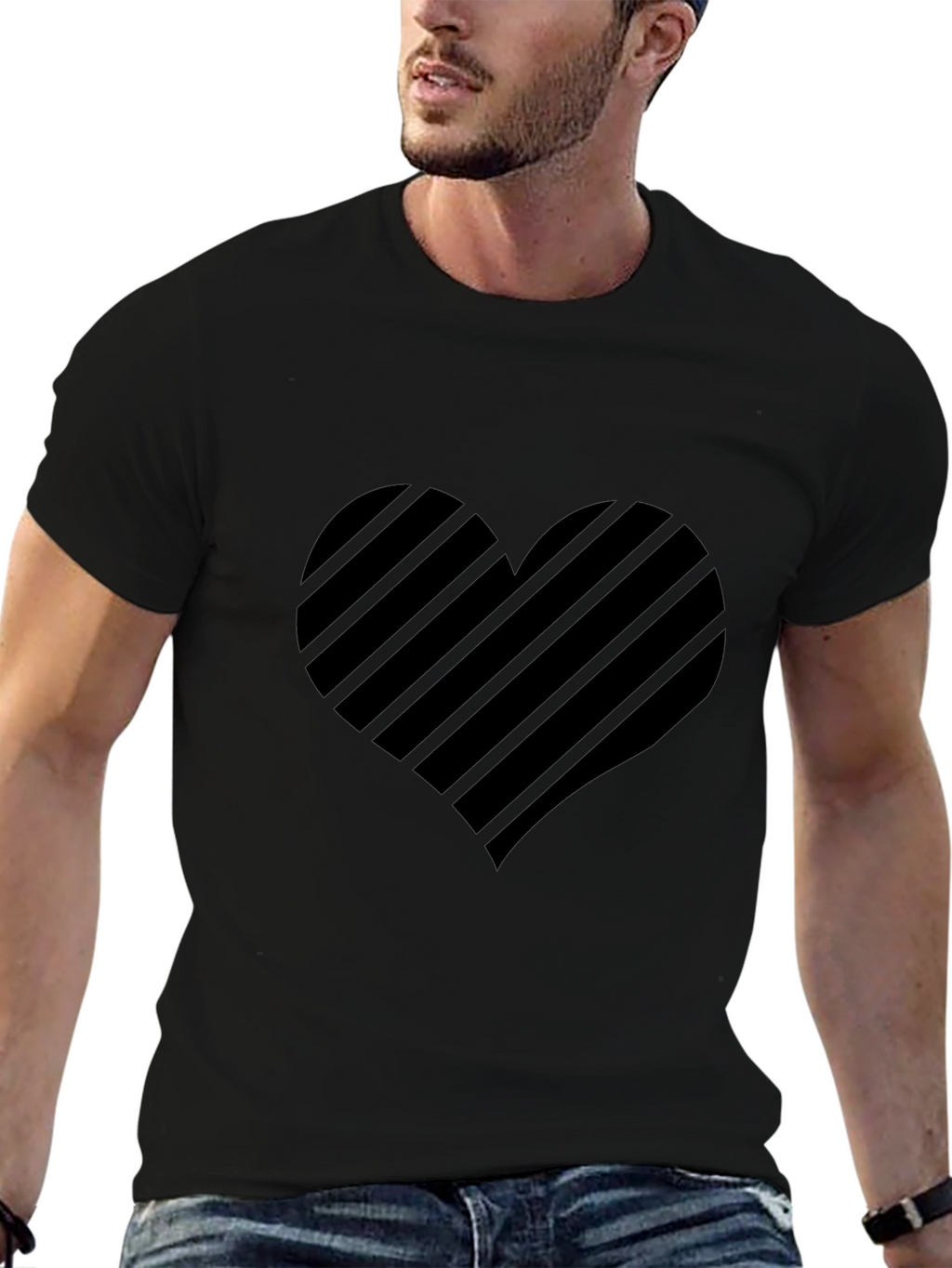Striped Heart Graphic Black T-Shirt