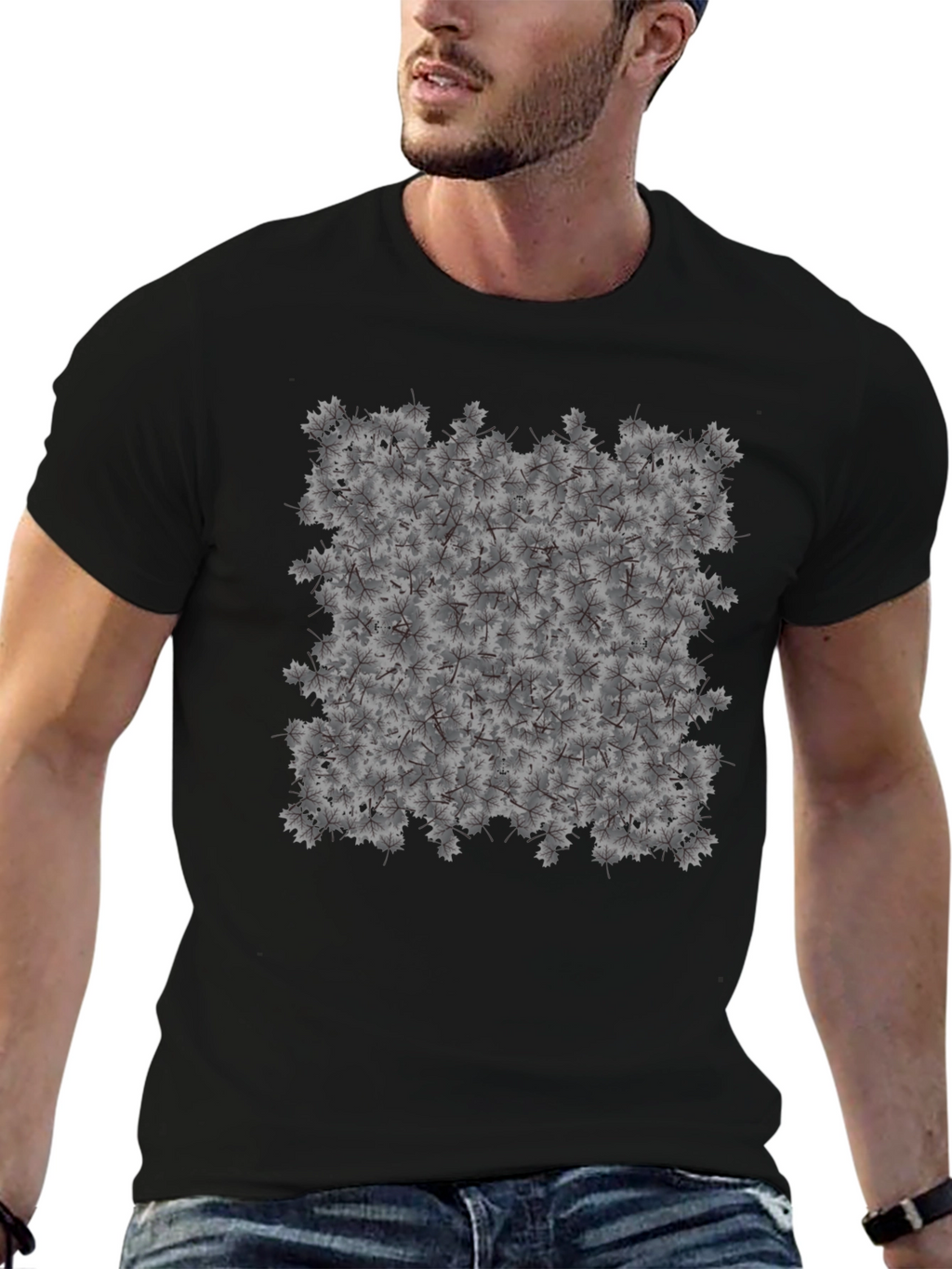 Maple Leaf Pattern Black T-Shirt
