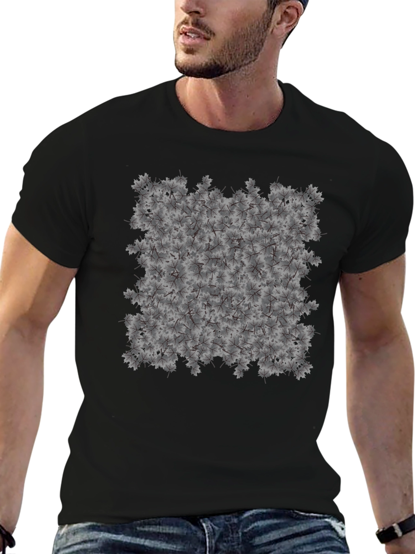 Maple Leaf Pattern Black T-Shirt