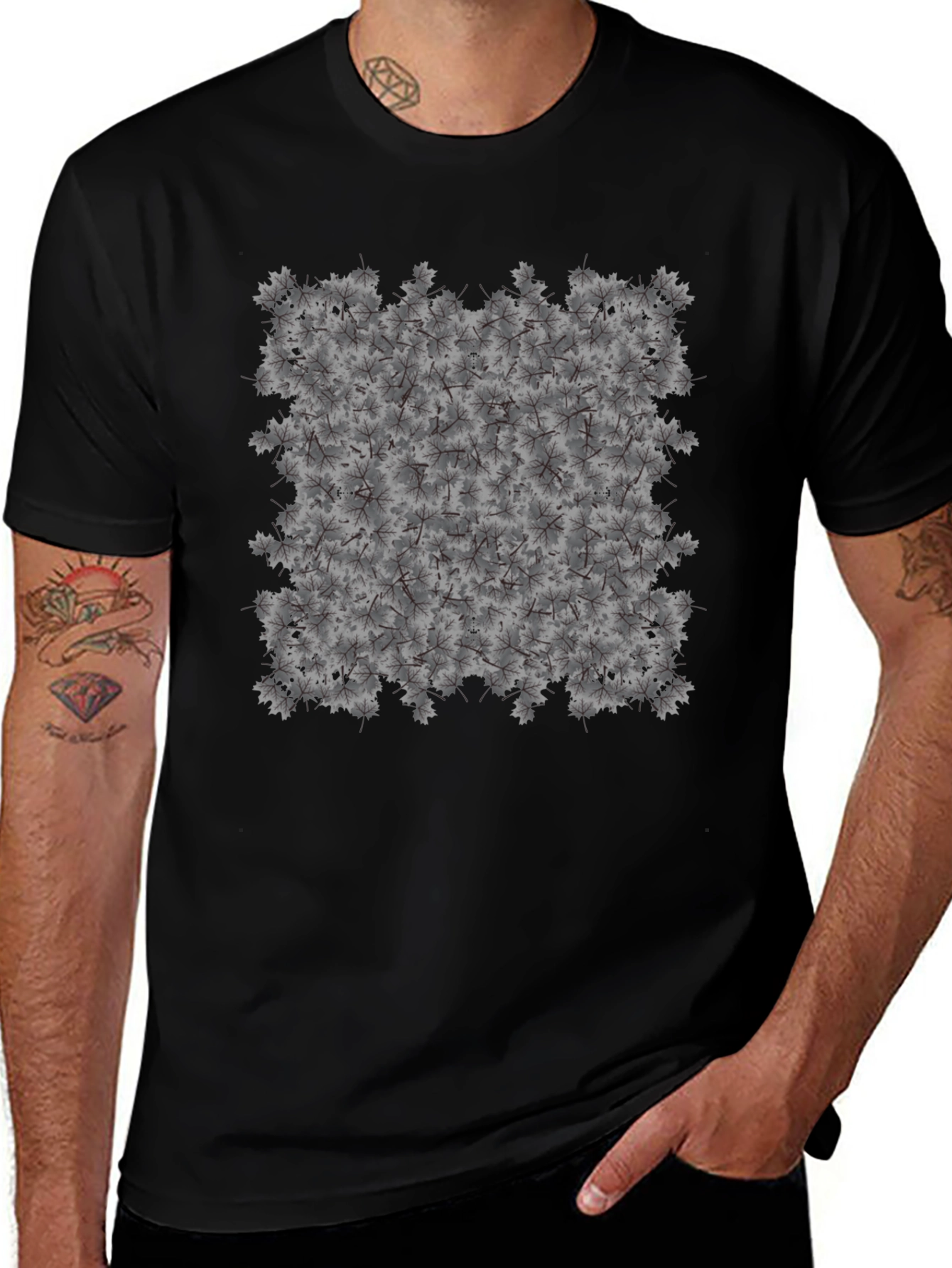 Maple Leaf Pattern Black T-Shirt