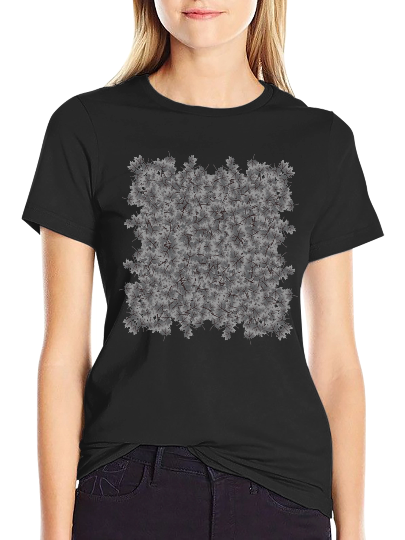 Maple Leaf Pattern Black T-Shirt