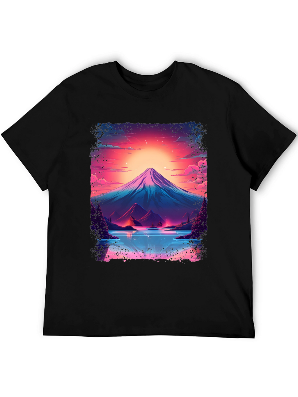 Neon Mountain Lake T-Shirt - Black Cotton Blend