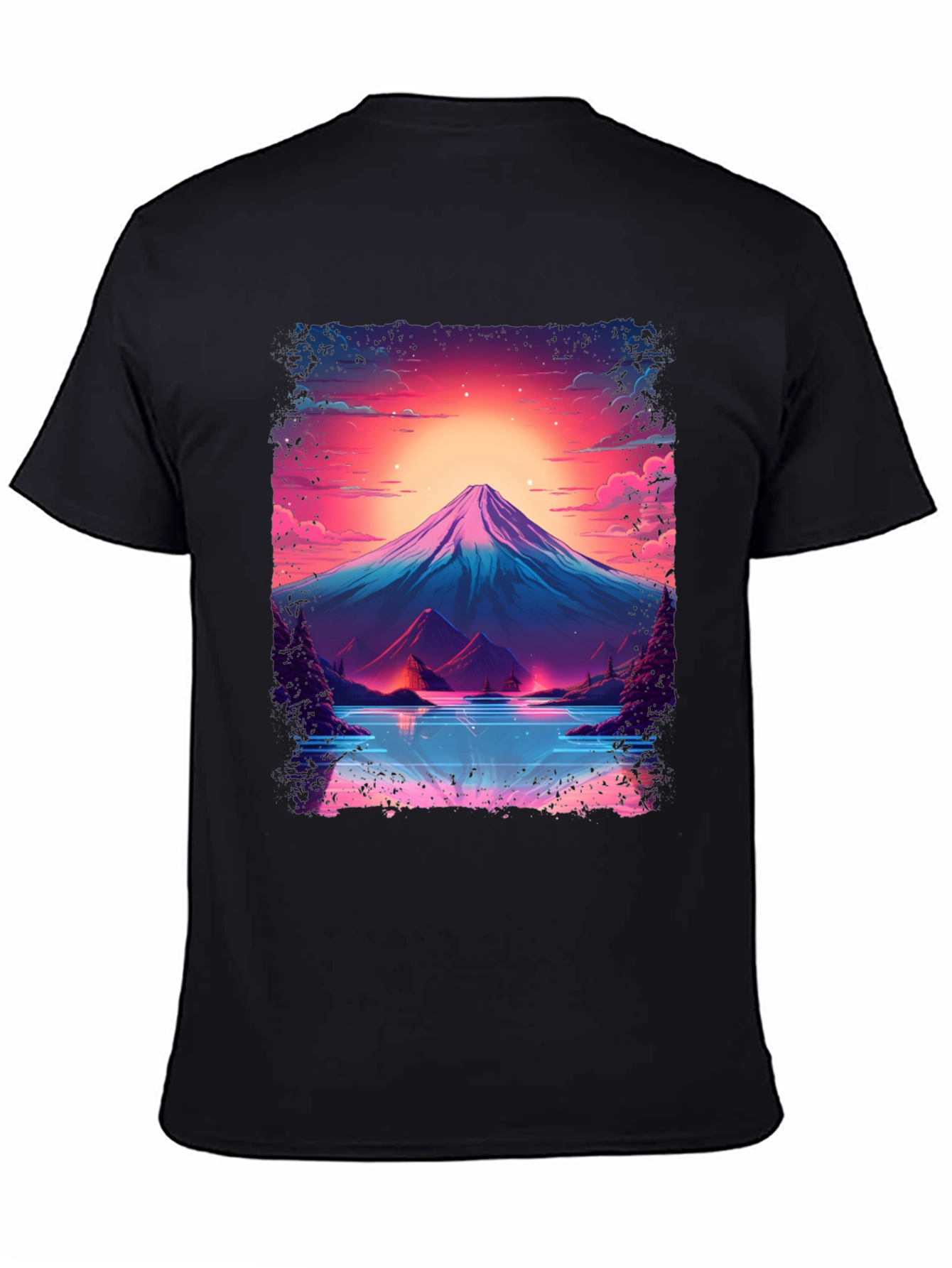 Neon Mountain Lake T-Shirt - Black Cotton Blend