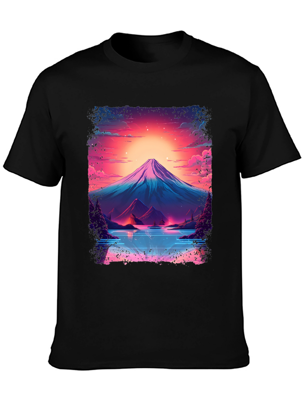 Neon Mountain Lake T-Shirt - Black Cotton Blend