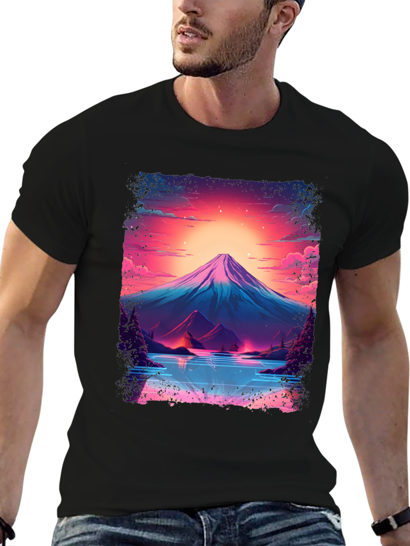 Neon Mountain Lake T-Shirt - Black Cotton Blend
