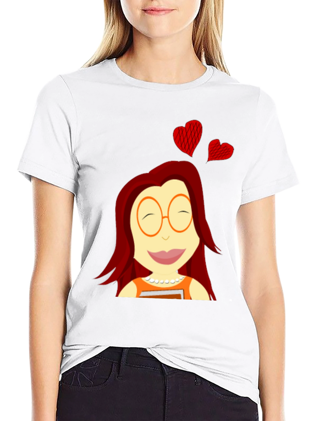 Cartoon Girl with Hearts Black T-Shirt