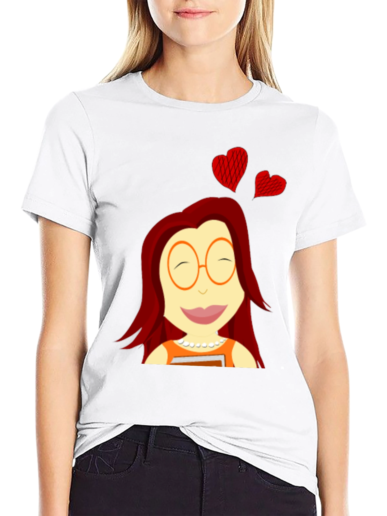 Cartoon Girl with Hearts Black T-Shirt
