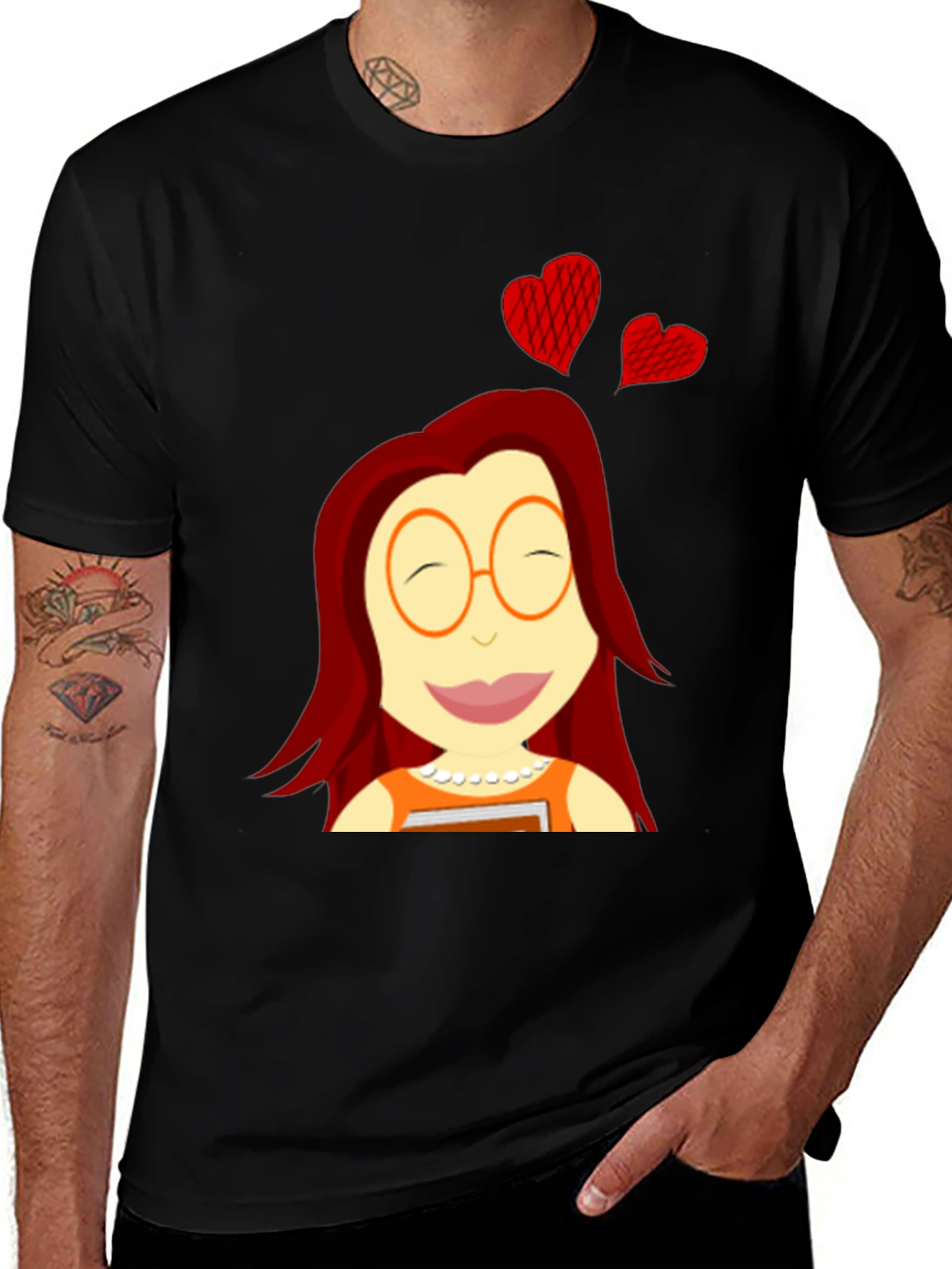 Cartoon Girl with Hearts Black T-Shirt