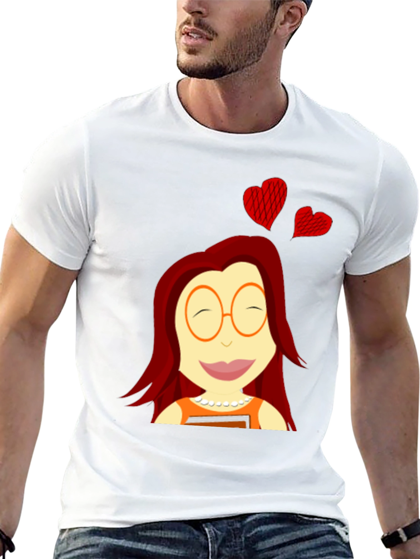 Cartoon Girl with Hearts Black T-Shirt